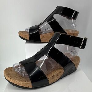 FitFlop Arena Gladiator Women 8 Black Strappy Ankle Buckle Cork Wedge Sandals